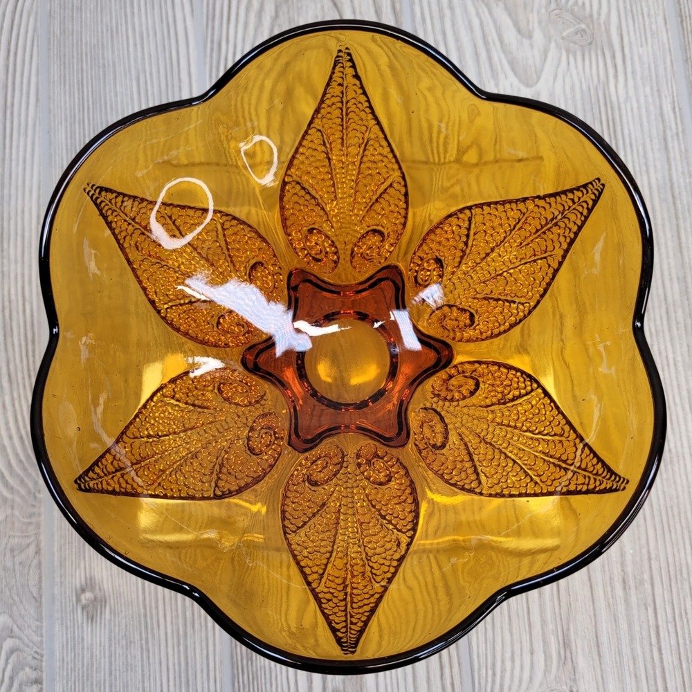 Indiana Glass Amber Leaf Bowl Vintage 7.5 Inch Scalloped Mid Century Modern